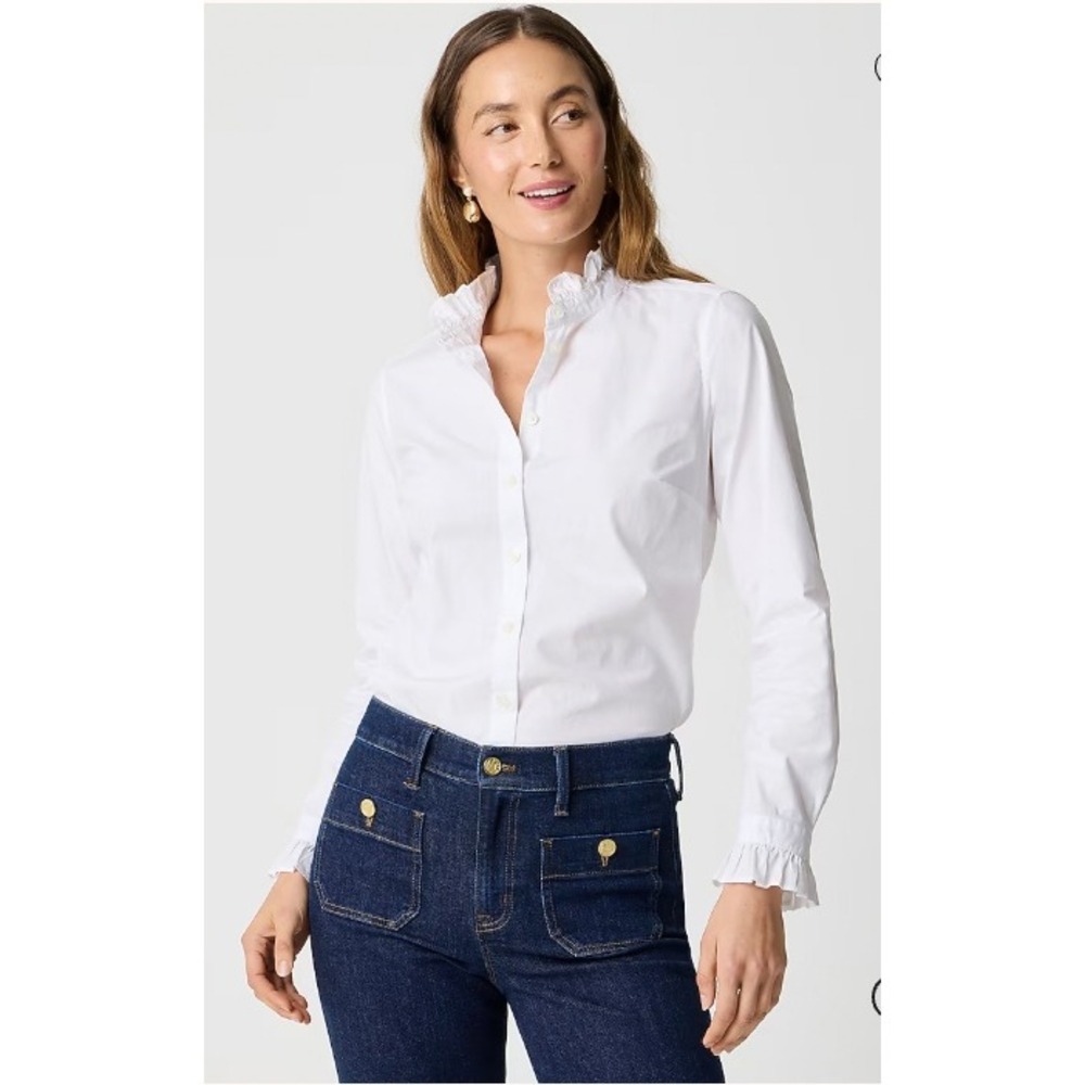 J.Crew White Ruffle Neck Button Up Shirt Cotton Petite Medium Preppy Feminine